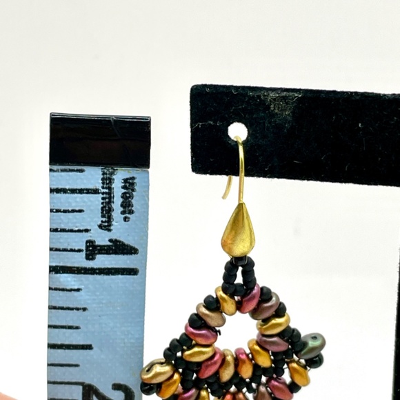 Hand Crafted Hand Stitched Czech Glass Beaded Fan Shape Pierced Drop Earrings - Picture 3 of 6